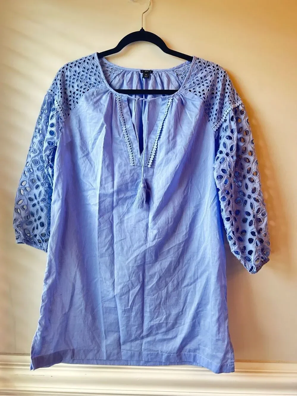 J.Crew Blue Eyelet Puff Balloon Sleeve Cotton Boho Tunic Top Size S festival